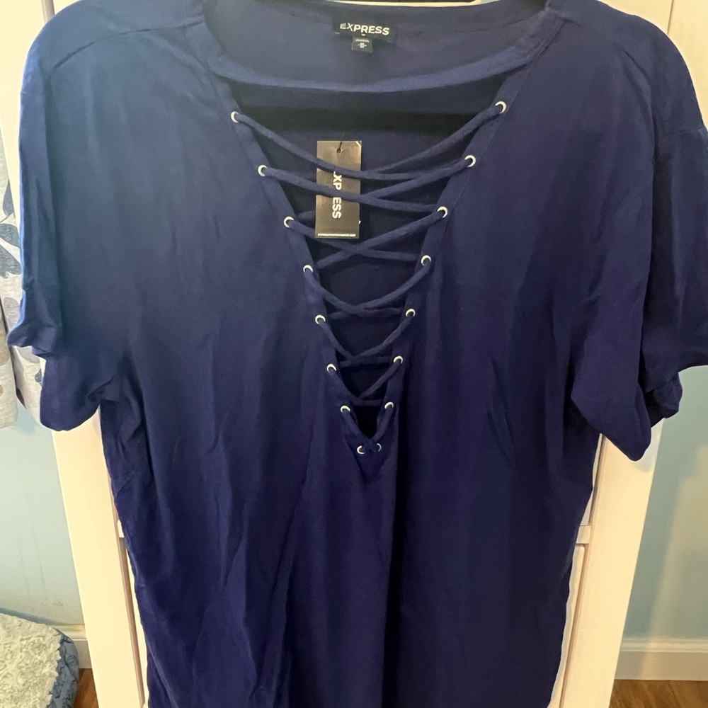 Express Blue Lace-Up Short Sleeve Tee